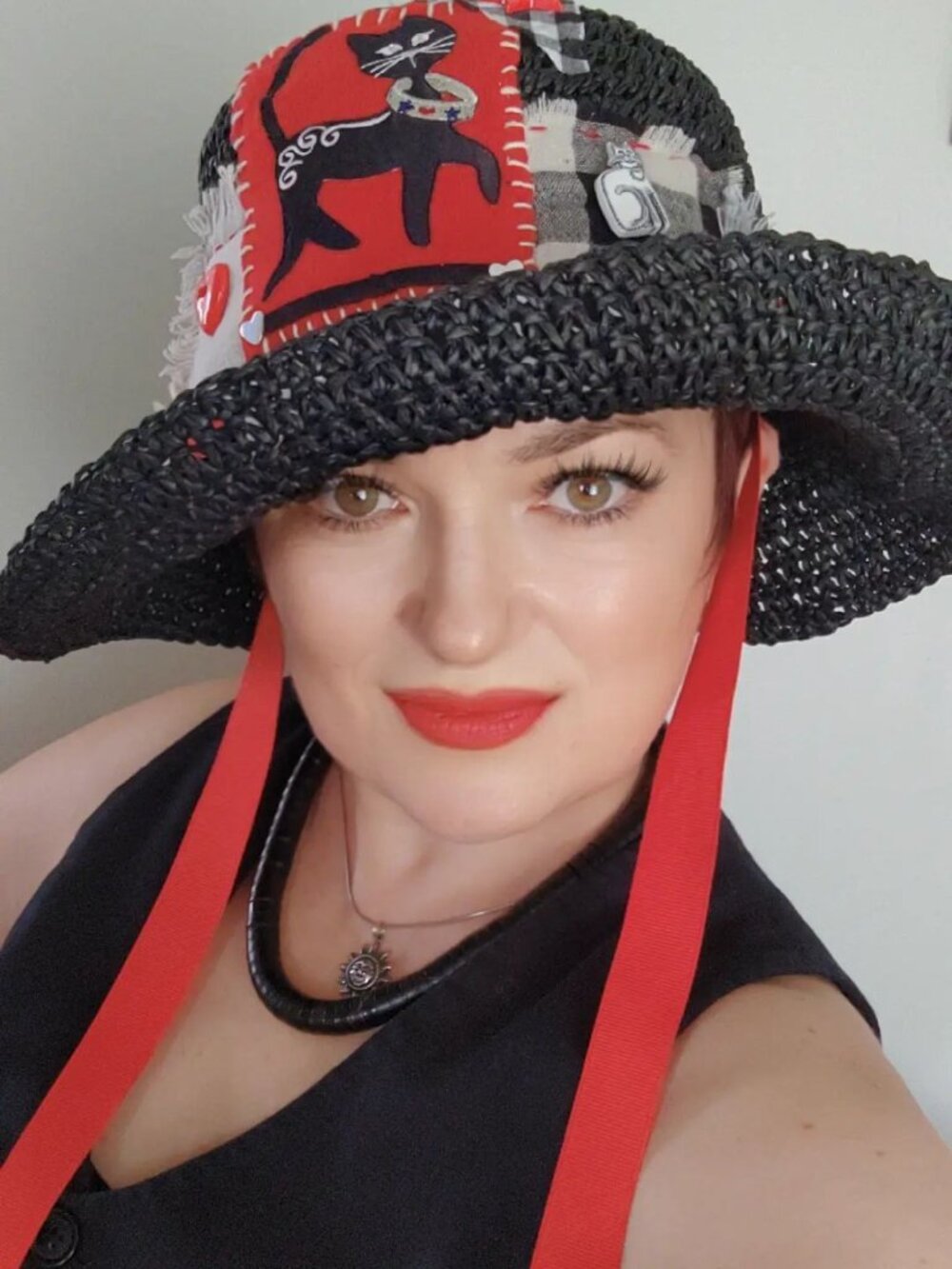 Upcycled Black Cat Story Art Straw Hat Cloche Boho